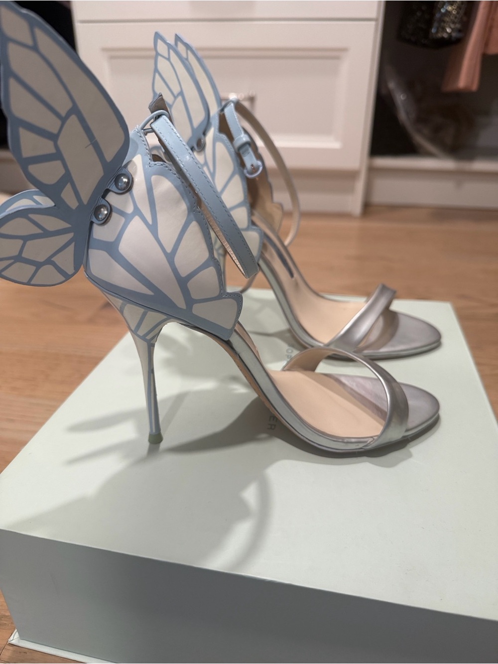 Sophia Webster Silver and Light Blue Butterfly Wing Stiletto Sandals